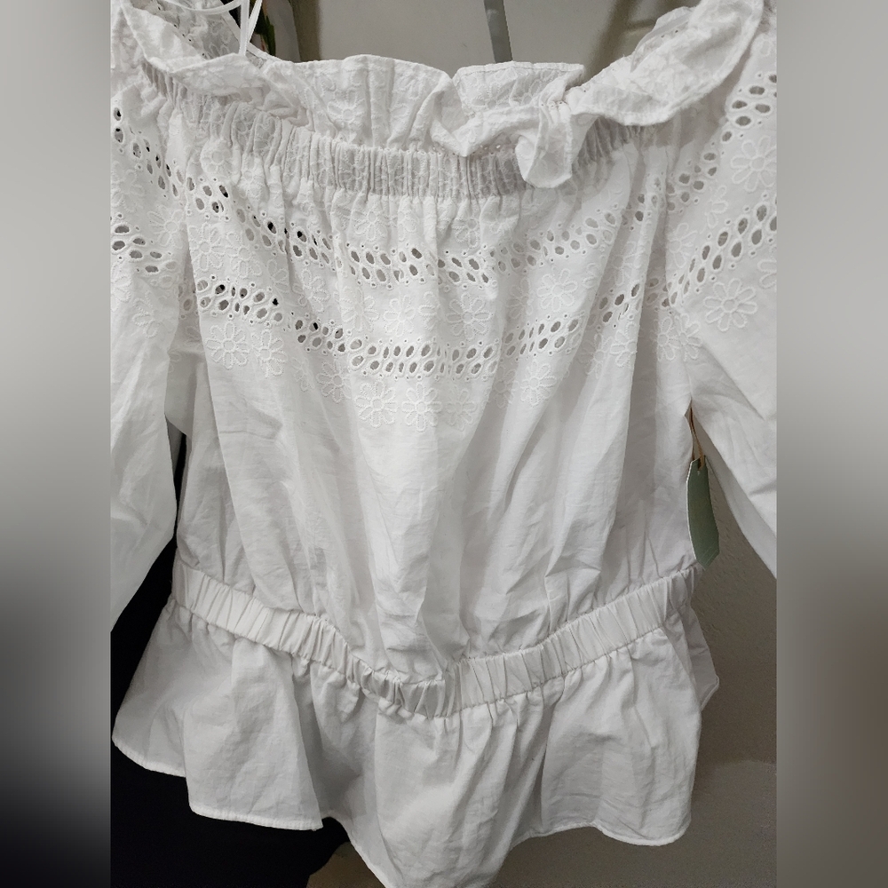 Ryegrass White Top On/ Off the Shoulder Peasant Eyelet Embroidery - Picture 3 of 8